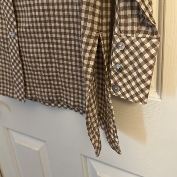 J Jill tan and white button down gingham tunic side vents mother of pearl XS - Picture 5 of 5